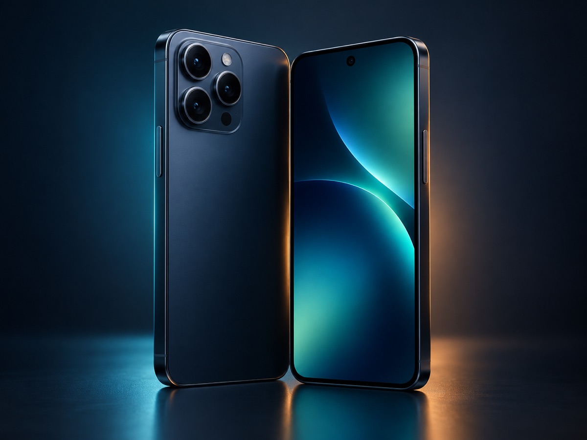 Midnight blue Aperture One smartphone shown from the front and back