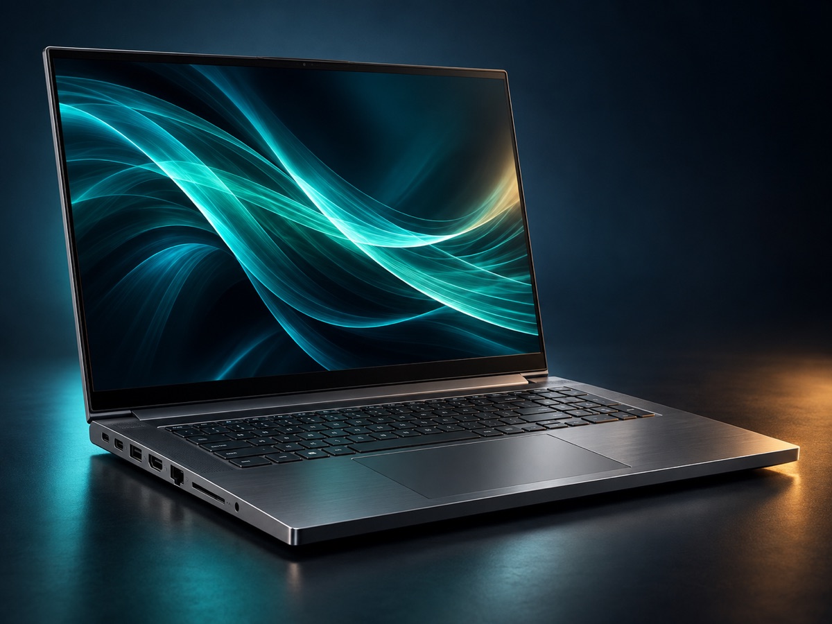 Graphite Forge Pro 16 performance laptop open in a dark studio