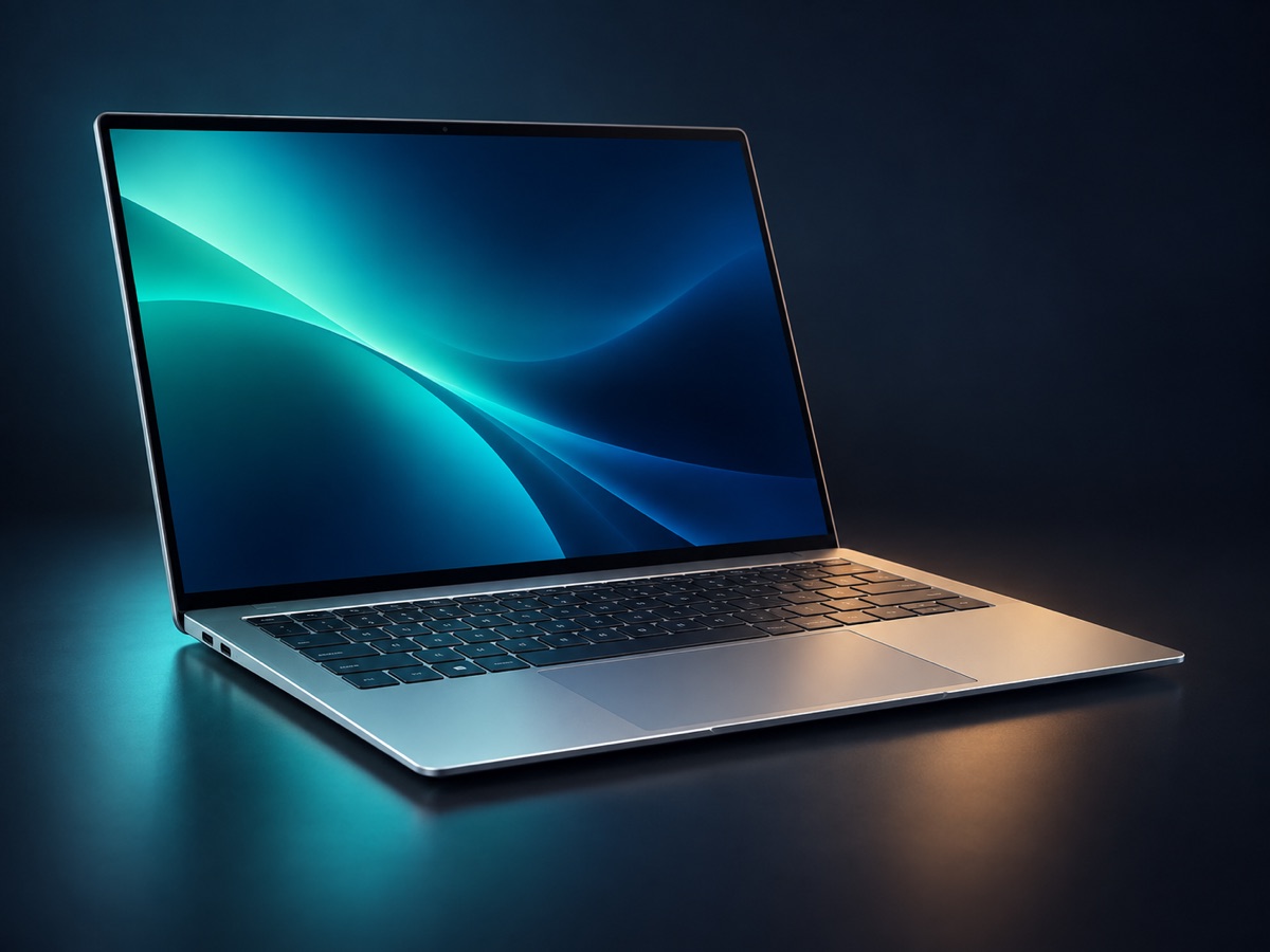 Silver Northstar Air 14 laptop open against a dark studio background