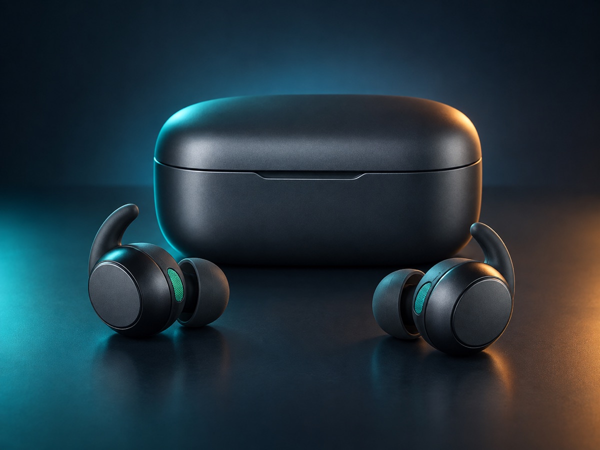 Pulse Fit sport earbuds with ear fins and their charging case
