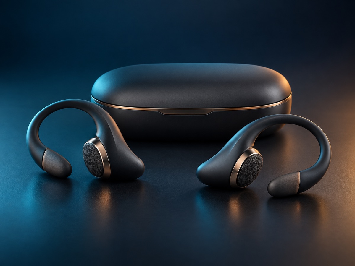 Sonata Open open-ear headphones beside their charging case