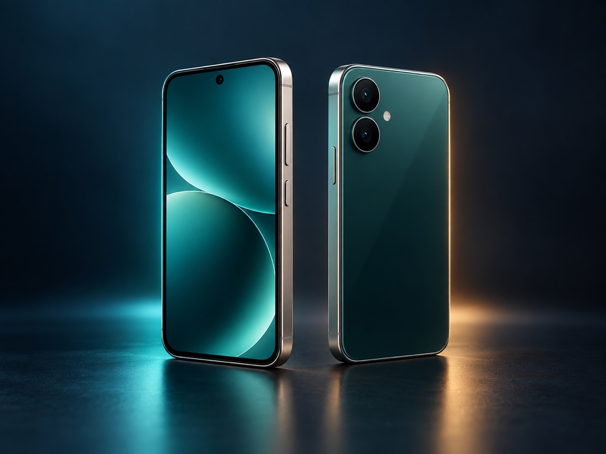 Compact teal Vector Mini smartphone shown from the front and back